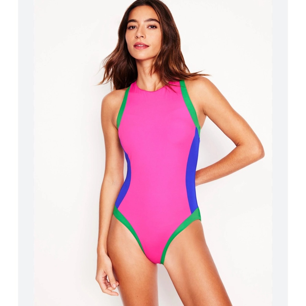 Boden Sporty Zip Back Swimsuit Women 14R Pink Colorblock High Neck UPF50 Beach